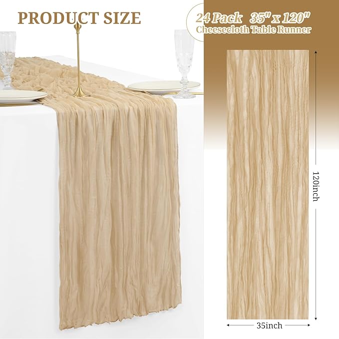 Showgeous 24 Pack Beige Cheesecloth Table Runner, 10FT Long Semi-Sheer Boho or Rustic Gauze Table Runner Wedding Table Decor for Wedding Arch Draping Bridal Shower Holiday Party