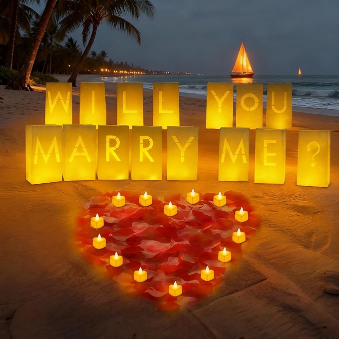 Will You Marry Me Decorations – Romantic Setup Kit with Light Up Letters, 30 Tea Light Candles, 2000 Rose Petals, 10 Balloons – Luminary Bags for Proposal Decoration(W)