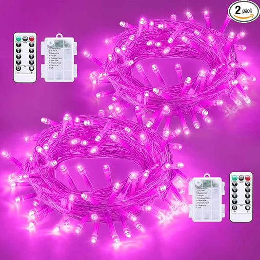 QITONG 2 Pack Battery Operated String Lights, Each 33ft 100 LED Pink Christmas Lights Outdoor Waterproof with Remote, 8 Modes Clear Wire Battery Valentine Day Twinkle Lights Indoor