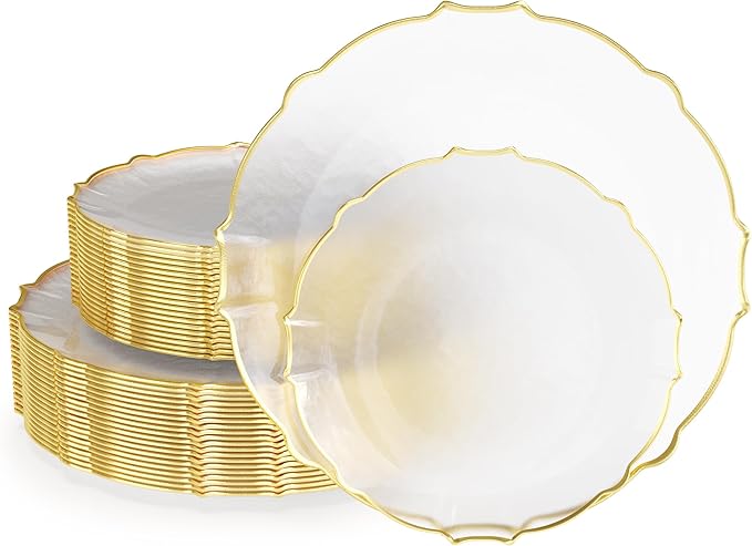 Exquisite Tinted Plates 40 Piece Plastic Disposable Plates for Party Set For 20 Guests 20 X 7.5 Dessert Plates & 20 X 10 Thin Delicate Fancy Plastic Plates Disposable Dinnerware Clear Gold Rim