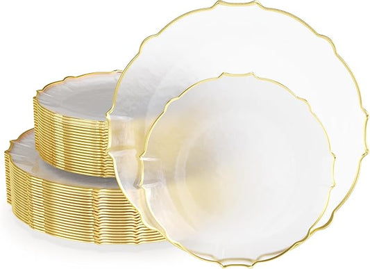 Exquisite Tinted Plates 40 Piece Plastic Disposable Plates for Party Set For 20 Guests 20 X 7.5 Dessert Plates & 20 X 10 Thin Delicate Fancy Plastic Plates Disposable Dinnerware Clear Gold Rim