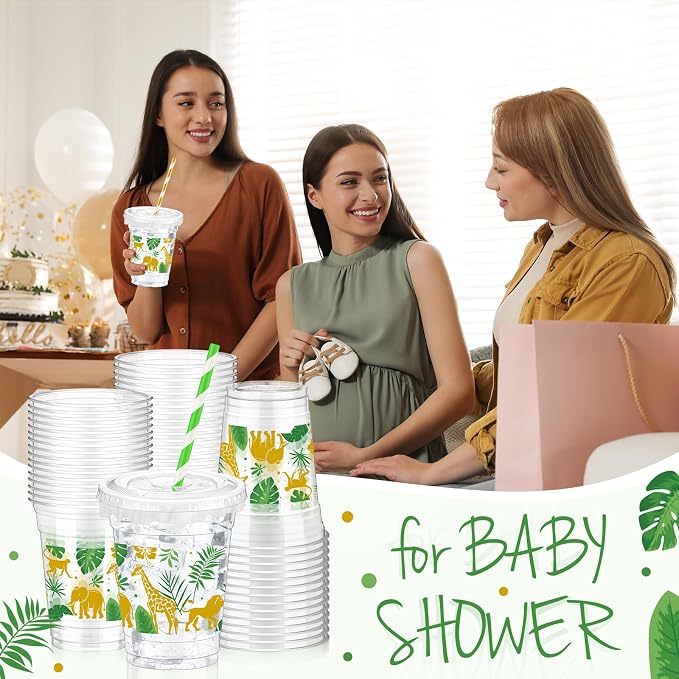 FoldTier 50 Pcs Jungle Safari Animals Cups Disposable Plastic Cup 12 oz Golden Green mugs Thick Wild Theme Clear Mugs Lids Straws Birthday Party Supplies Birthday Party Favor Table Decorations