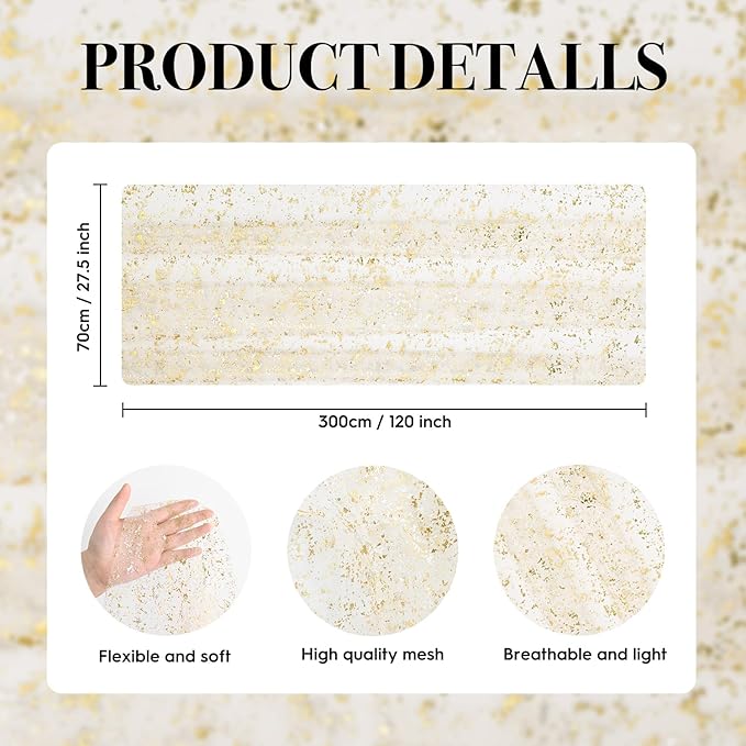 Artoid Mode 6Pcs Beige Gold Gauze Table Runner 120 Inch 10FT, Glitter Metallic Foil Sheer Dining Wedding Anniversary Holiday Birthday Table Decor for Home Party