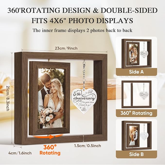 5 Year Anniversary Picture Frame Gifts for Him Her Couple Men Women Husband Wife, 5th Anniversary Marriage Gifts, Best 5 Year Anniversary Wood Gift, Five Year Fifth Anniversary Wedding Gift