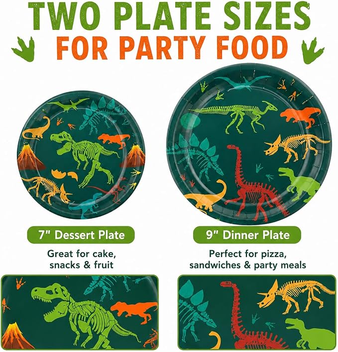 194 PCS Dinosaur Birthday Party Supplies, Dino Tableware Set for 24 Guests with Plates, Cups, Napkins, Straws, Forks, Spoons, Knives, Tablecloth & Banner, Decorations for Boys Kids Baby Shower