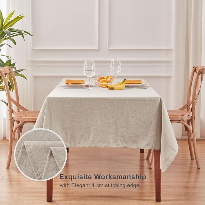 TOSMO 100% French Linen Tablecloth, Washable Farmhouse Rectangle Table Cloth for Kitchen, Dining, Party, Cocktail, Indoor and Outdoor Daily Use(60''x84'',Natural Linen)