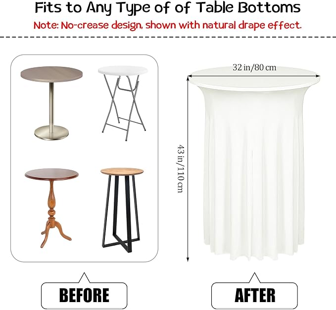 Kochorie 6 Pieces Cocktail Table Skirt Round Cocktail Table Covers 32 x 43 Inch Spandex Stretch High Top Table Cloth for Wedding Table Bar Banquet Party Supplies (Ivory)