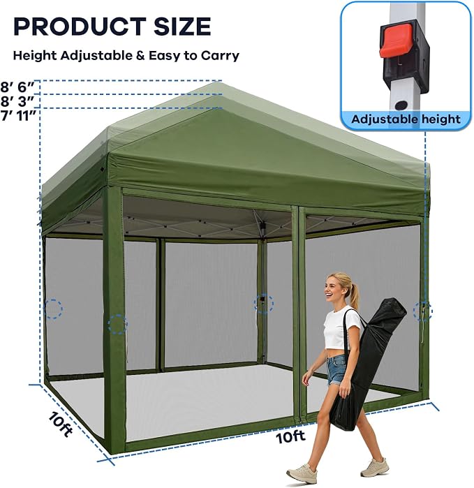 10x10 Pop Up Canopy Tent with Mosquito Netting, Ez Up Portable Waterproof Instant Outdoor Screen Shelter, Pop Up Tent for Patio, Backyard, Parties, Camping and Events, Army Green