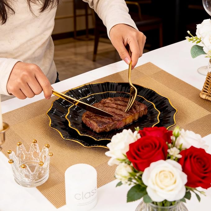 I00000 350 PCS Black and Gold Plastic Plates for 50 Guests, Premium Scalloped Disposable Dinnerware Set Include: 100 Disposable Plate, 50 Napkins, 50 Cups, 50 Silverware Set for Party & Wedding