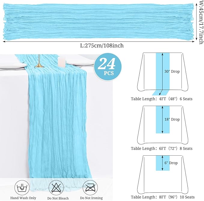 24 Pack Light Blue Cheesecloth Table Runner,9FT Burgundy Runner,17x108inch Rustic Boho Gauze Table Runner for Wedding Party Bridal Shower Thanksgiving Christmas Boho Table Decoration