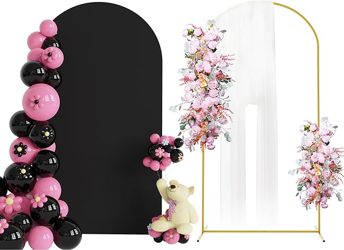Putros Arch Backdrop Stand and Cover Set, 7.2ft, Gold Arch Stand with Black Cover, Metal Arched Background Frame for Wedding, Birthday Party, Baby Shower, Photography Decoration