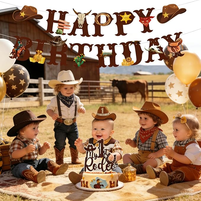 Western Cowboy 1st Birthday Decorations Boy-My First Rodeo Felt Birthday Banner Western Rodeo First Birthday High Chair Banner With Rodeo Cake Topper & Cowboy Hat，Cowboy First Birthday Decorations
