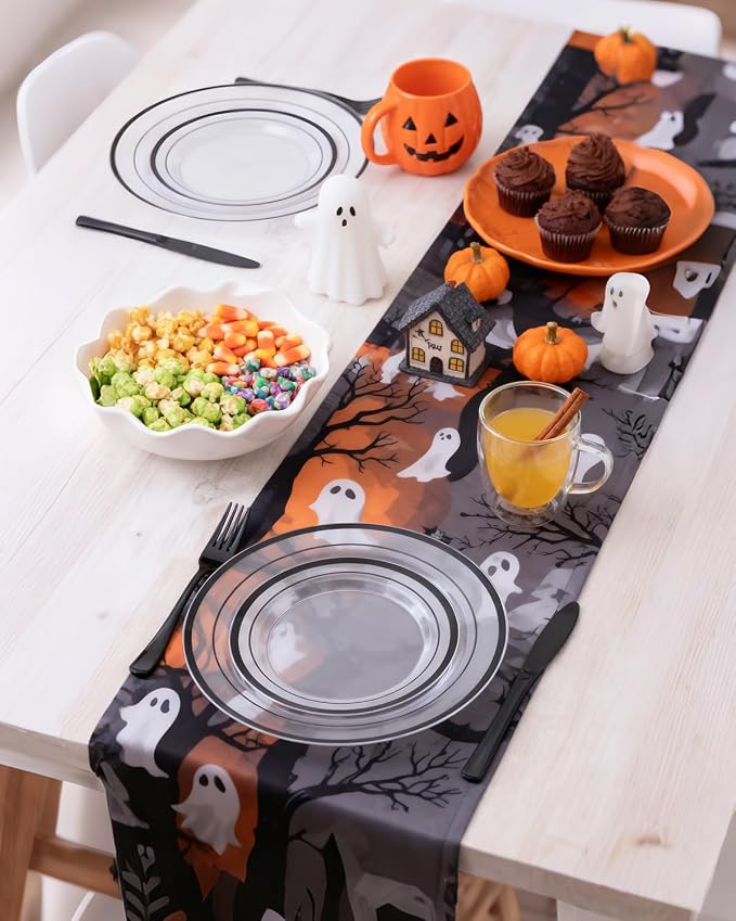 Goodluck 350 Pcs Clear Black Disposable Plastic Party Plate Cup Napkin Sets | Dinnerware Sets Include 100 Plates, 50 Pack Pre Rolled Napkins with Silverware, 50 Cups for Wedding, Graduation, Halloween