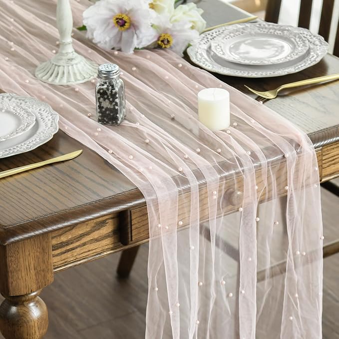 Artoid Mode 3PCS Pearl Pink Gauze Table Runner 120 Inch 10FT, Seasonal Sheer Dining Holiday Wedding Birthday Baby Shower Table Decor for Home Party