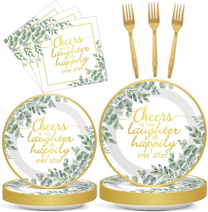 96Pcs Eucalyptus Leaves Bridal Shower Party Supplies Cheer to Love Birthday Plates and Napkins Sage Green Tableware Disposable Dessert Dinnerware for Wedding Engagement Anniversary Decor for 24 Guest