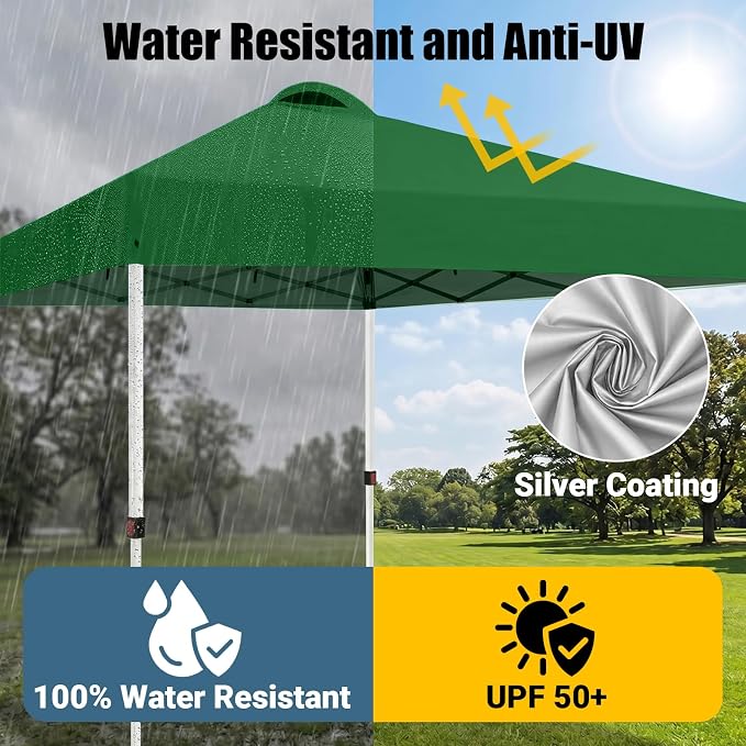 10x10 Pop Up Canopy Tent, Instant Folding Outdoor Shelter with High Strength Steel Frame and Handheld Carry Bag, Ground Stakes and Wind Ropes for Backyard Party, Camping, Beach Events, Green