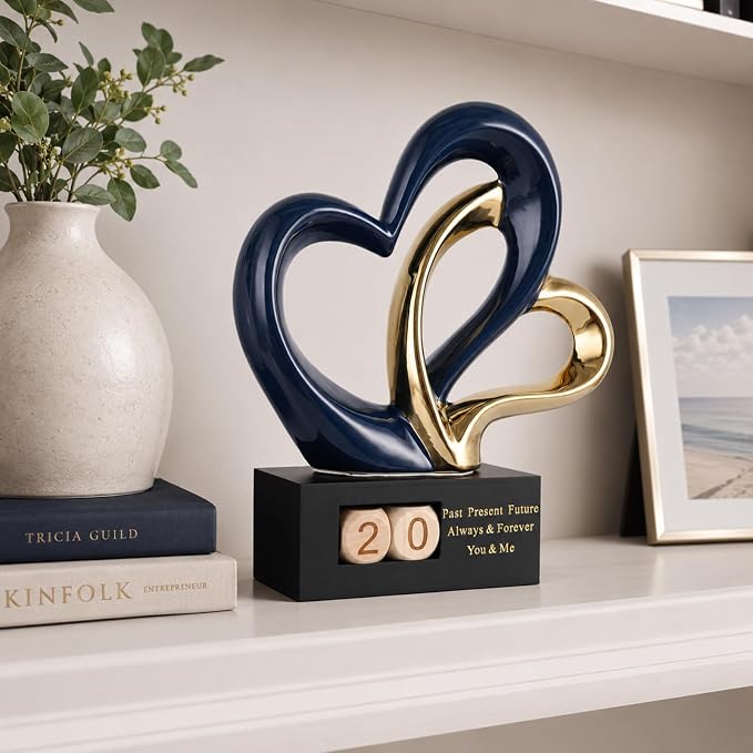 Ceramic Heart Sculpture with Date Blocks, Blue Gold Hearts Statue for Home Decor, Romantic Valentines Day & Wedding for Couple, Shelf Mantel Tabletop Display (Blue Gold)