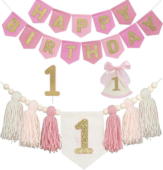 1st Birthday Decorations For Girls- First Birthday Outfit Girl With Felt Happy Birthday Banner First Birthday High Chair Banner Tassel Garland，1st Birthday Hat & Cake Topper Birthday Party Supplies