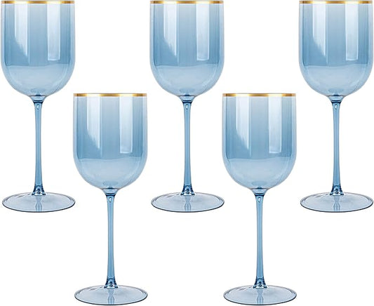 PLASTICPRO Blue Wine Cup with Gold rim Plastic Wine Glasses Set of 5 Elegant Wine Goblets Hard Plastic Wine Cups on Stem 12 Ounce