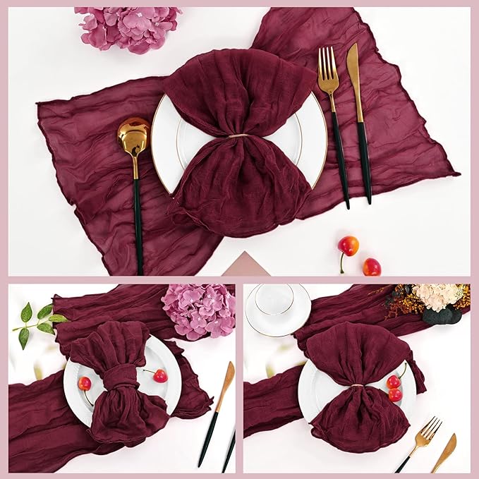 60 PCS Burgundy Gauze Cheesecloth Napkins,20x20 Inch Gauze Napkin Rustic Wrinkled Cheesecloth Napkin Bulk Washable Dinner Table Napkins for Wedding Party Bridal Shower Baby Shower Events Decor
