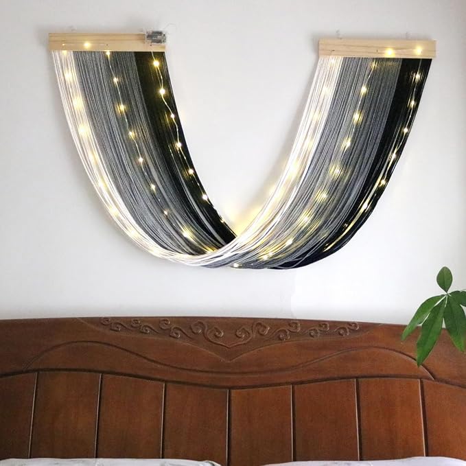 Macrame Fairy Lights Battery Operated with Remote & Timer, Black Grey | Handwoven Wall Hanging with 20ft 100 LEDs Warm White Timer String Lights for Bedroom,Living Room,Party,Wedding,Christmas Deco