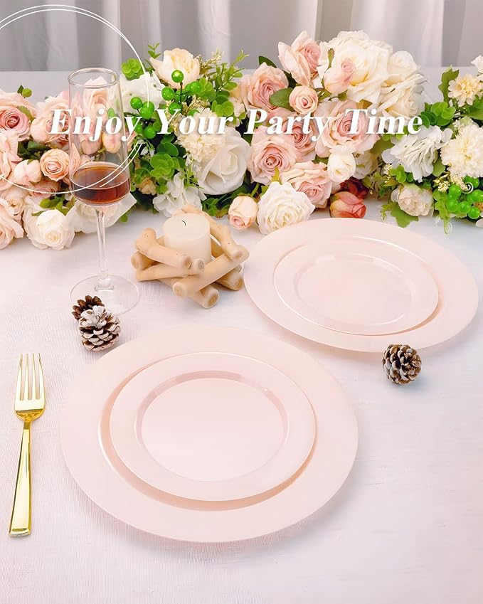 BESTSTAR 200PCS Pink Plastic Plates Set, 100 10.25 inch Dinner Plates and 100 7.5 inch Dessert Plates, Premium Disposable Plates for Party, Wedding
