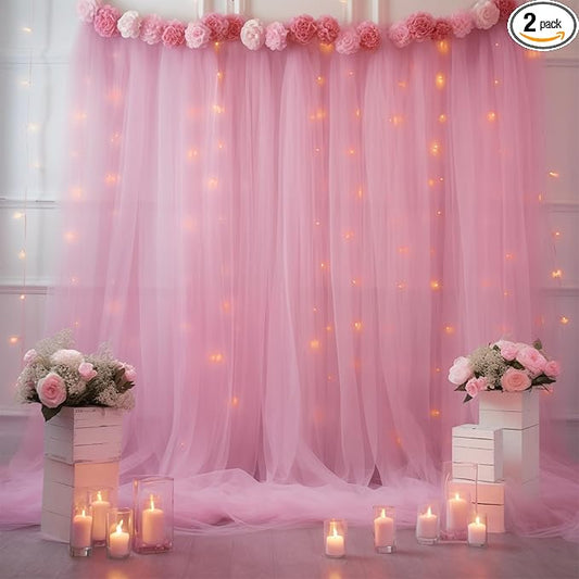 10×8ft Pink Tulle Curtain Backdrop with Lights String for Parites, Sheer Backdrop Curtain Drapes for Wedding Photo Baby Shower Photography Birthday Party