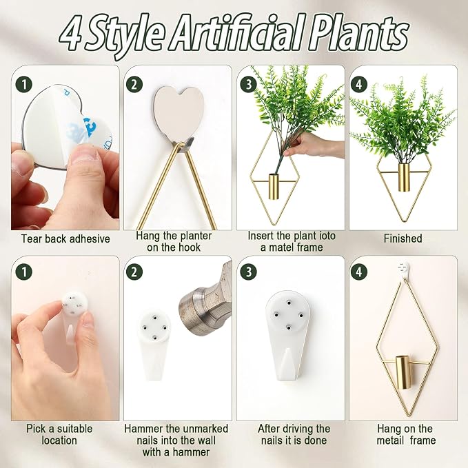 Hanaive 4 Sets Boho Wall Decoration Metal Wall Art Hanging Planters with Artificial Pampas Display Modern Home Vase for Bedroom Home Office(Brisk,Green)