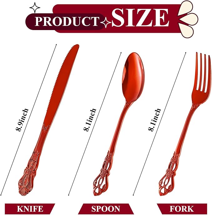 150PCS Red Plastic Silverware - Elegant Disposable Utensils - Heavy Duty Vintage Red Cutlery Sets Includes 50Forks, 50Spoons, 50Knives for Catering Dinner Party Wedding