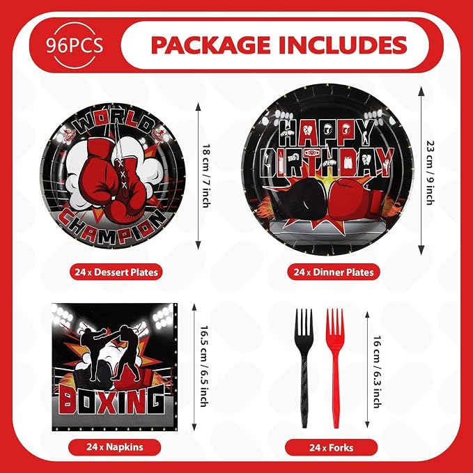 Grencian 96Pcs Boxing Birthday Party Supplies World Champion Plates and Napkins Fight Sports Wrestling Tableware Set for Boxing Birthday Party Supplies Serves 24