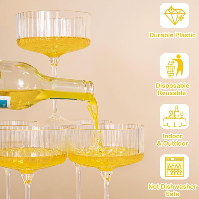LIYH 20 Pcs Plastic Martini Glasses 10 Oz Disposable Martini Glasses Cocktail Coupe Plastic Champagne Tower Disposable Wine Cups Perfect for Bar Cocktails Parties Birthday - Gold Edge