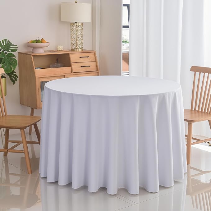 10-Pack Round 90-inch White Table Cloths, Solid Stain and Wrinkle Resistant Circular Tablecloth, Premium Plain Weave Polyester Fabric Table Linen Covers for Hotel, Banquet