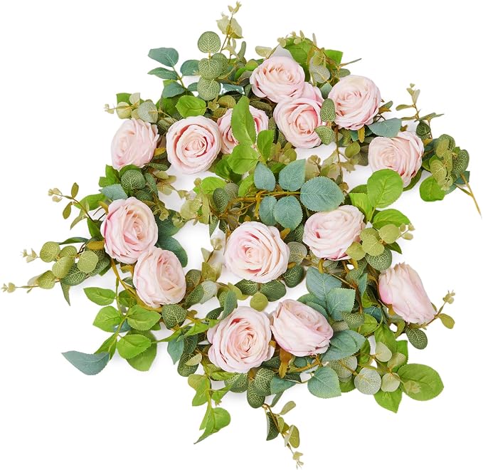 PONKING Flower Garland Artificial Rose Vine Flowers Hanging Fake Roses Vines for Wedding Birthday Party Valentines Christmas Room Wall Arch Decor, 2 Pink Floral Garland Decorations, High Realistic