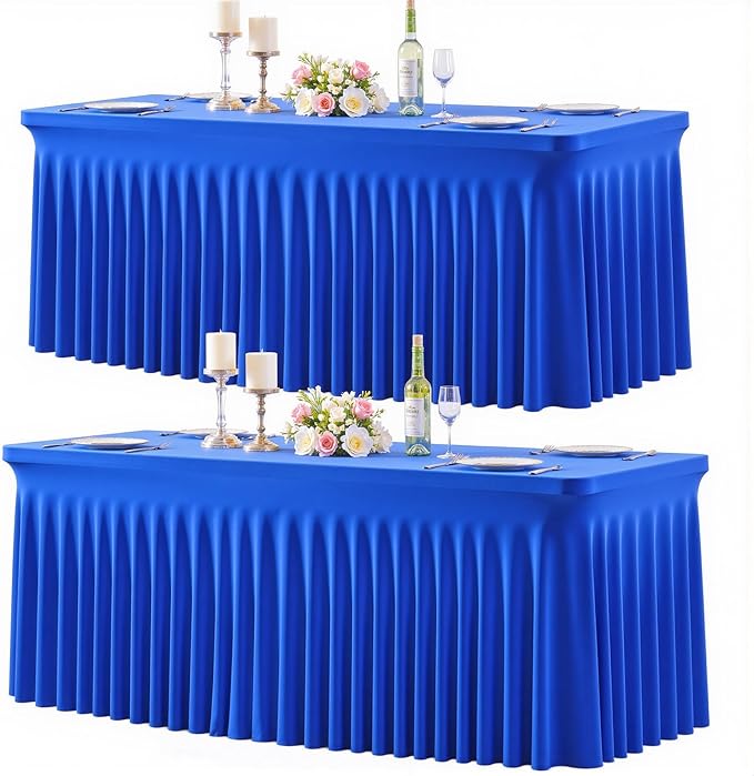 2 Pack Royal Blue Table Cloth for 8 Foot Rectangle Tables Spandex Fitted Tablecloth 8ft Stretch Table Covers Skirt Blue Banquet Tablecloths Wrinkle Free Tablecloth for Party Wedding Birthday Event