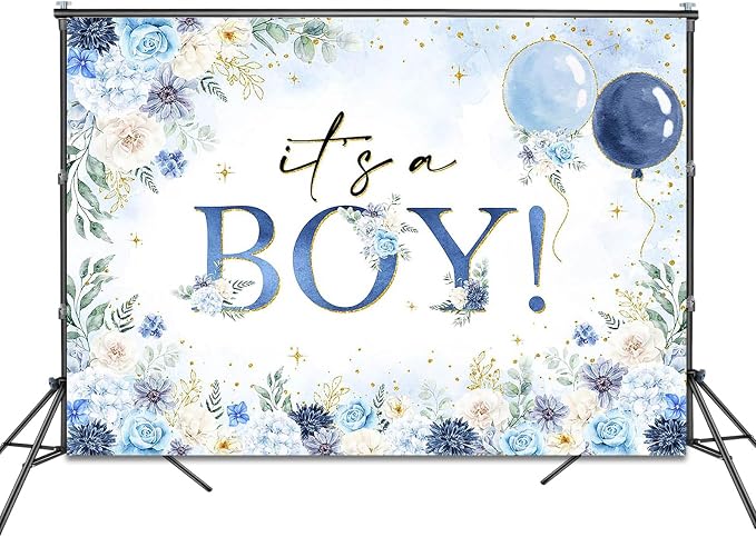 It's a Boy Baby Shower Backdrop 7x5ft Watercolor Blue Floral Baby Shower Party Decorations Background for Boys Blue Balloon Banner Photo Booth Props
