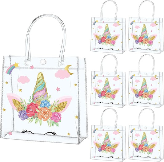QOUBAI 24Pcs Unicorn Clear PVC Gift Bags With Handles Unicorn Rainbow Goodie Treat Candy Bag Present Wrap Tote Bags for Birthday Party Favors Baby Shower Decoration Supplies 8 x 8 x 3in