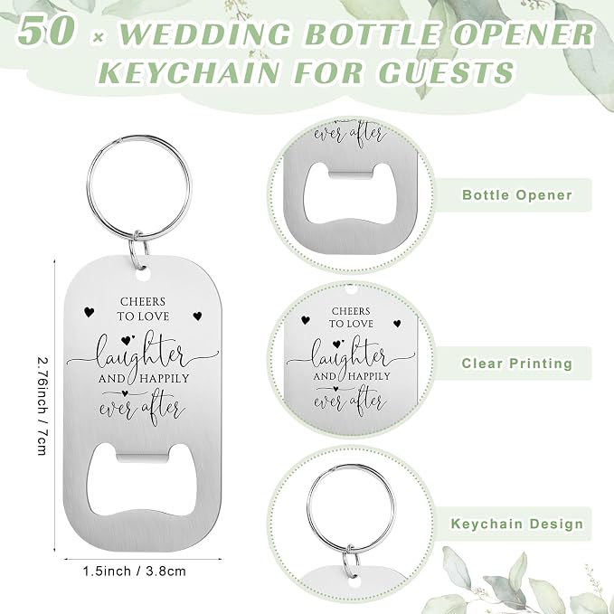 Reallnaive 50 Sets Wedding Gifts for Guests Cheers to Love Laughter and Happily Ever After Opener Beer Opener Keychain Bottle Opener Keychain Thank You Card Organza Bags Bridal Shower Souvenirs