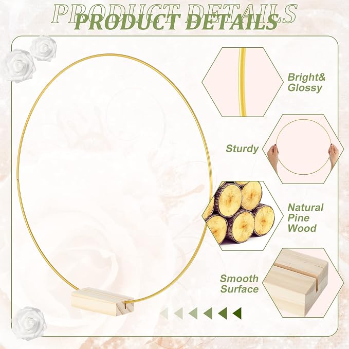 15 Pcs Metal Floral Centerpiece Table Decorations Hoop Centerpiece with Stand Gold Centerpieces for Table 15 Wooden Holders 30 Artificial Flowers 30 Leaves for Wedding DIY Craft Decor(14 Inch,White)