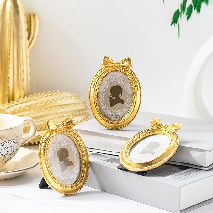 Vicenpal 12 Pcs Mini Gold Vintage Picture Frames, Resin Baroque Photo Frame with Glass and Stand, Small Antique Oval Frames for Wedding Anniversary Home Table Wall Decor, 2.5 x 3.5 Inch