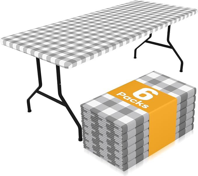 Smiry Picnic Table Cloth 6 Pack, Waterproof Elastic Fitted Tablecloths for 8FT Rectangle Tables, Washable Polyester Buffalo Plaid Tablecloth for Camping, Dining & Outdoor (Grey & White, 30" x 96")