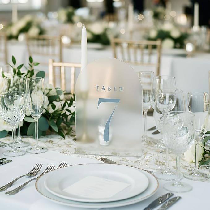 15 Pcs Frosted Arch Wedding Table Numbers with Stands 1-15, 5"x7" Acrylic Display Signs and Holders, Perfect for Centerpiece, Reception, Party, Anniversary, Banquet, Event (Dusty Blue)