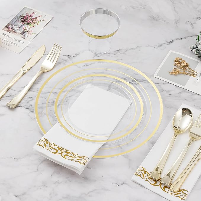 BESTVIP 175PCS Clear Gold Disposable Dinnerware Set for 25 Guests, Plastic Plates for Party, Wedding, Christmas, Include: 50Plastic Plates, 25 Gold Silverware, 25 Cups, 25 Napkins