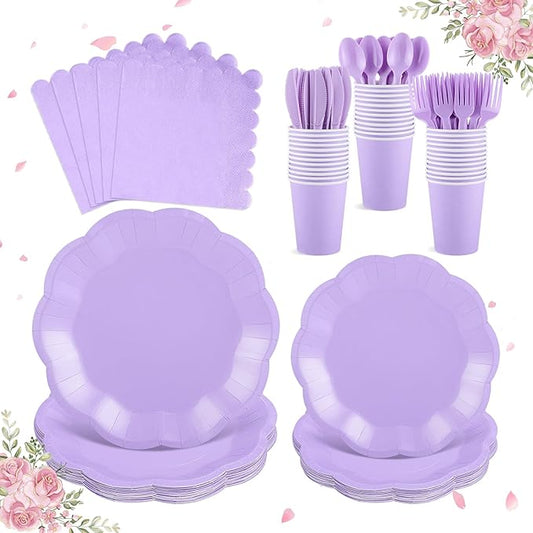 175 Pcs Light Purple Plates and Napkins Set, 25 Guest Purple Party Supplies Include Scalloped Plate Paper Napkin Cup Forks Knives Disposable Plastic Cutlery for Wedding Baby Shower Birthday Party