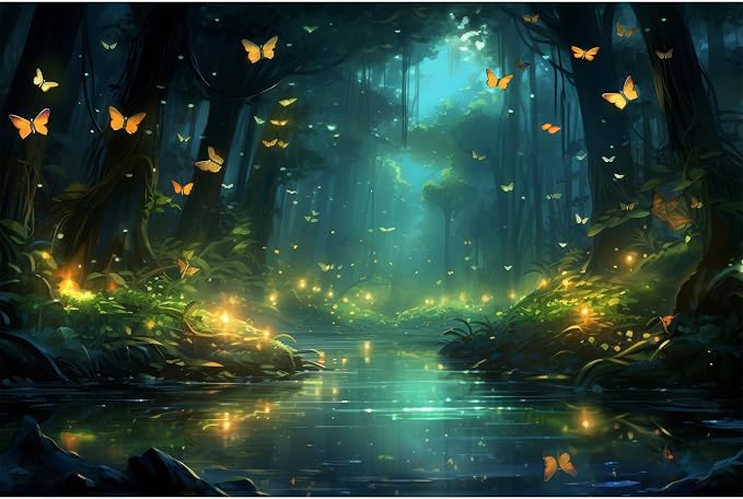 Fantasy Stream Backdrop Night Magical Forest Luminous Butterfly Stream Photography Background Rainforest Jungle Tree Natural Landscape Backdrop Decors Night Wonderland Background Props 10x6.5ft