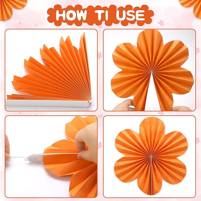 BestoFun 12 PCS Paper Flowers Fans Pink and Orange Party Decorations Paper Flowers Decorations for Wall Girl Groovy Birthday Baby Shower Wedding Bachelorette Room Hanging Décor