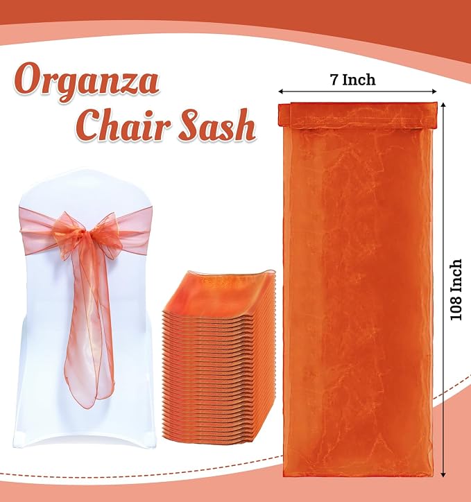MDS® Pack of 200 Organza Chair Sashes for Wedding Decoration, Reusable Sheer Chair Bows for Banquet Chair Cover, Reception, Bridal Shower, Baby Shower, Birthday Party & Special Events - Brunt Orange