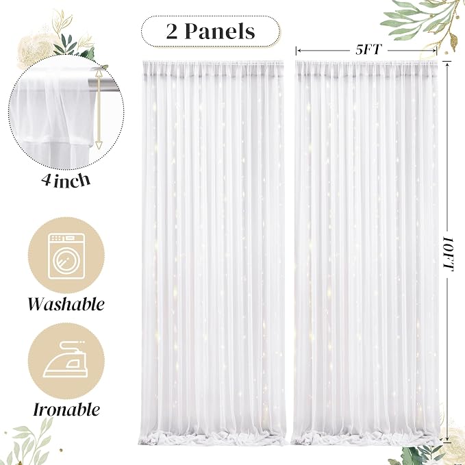 10ft x 10ft White Backdrop Curtain with Lights String for Parties, Sheer Tulle Wedding Photo Backdrops Drapes for Baby Shower Birthday Party Decorations Background for Photography