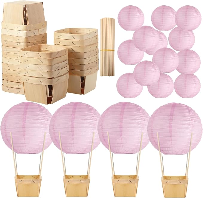 Namalu 24 Set Hot Air Balloon Table Centerpieces Baby Shower Party Decoration Paper Lanterns with Wooden Basket Sticks for Summer Birthday School DIY Craft(Light Pink)