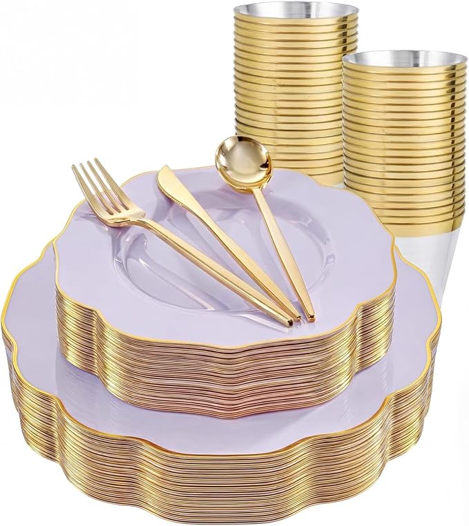 bUCLA 180PCS Purple Plastic Plates - Disposable Purple with Gold Rim, Include 30 Each (Dinner & Salad) Plates, 30 Knives, 30 Forks, 30 Spoons, 30Cups for Party, Shower & Birthday