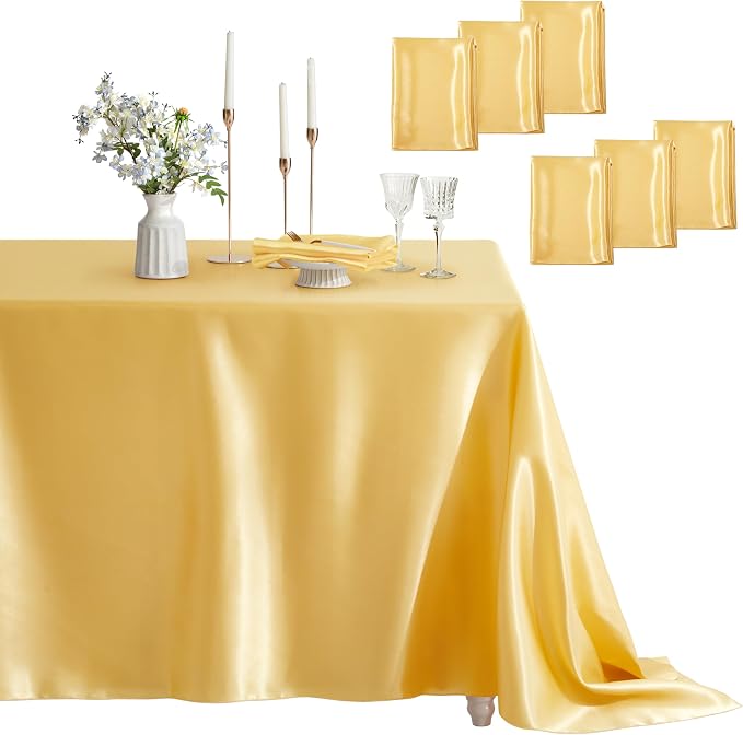 6 Pack Satin Table Cover Rectangle Silkly Soft Table Cloth, Satin Dining Table Cloths for Wedding Banquet Table Decoration, Dining Room, Indoor and Outdoor Use, 60 x 102 Inches, Gold